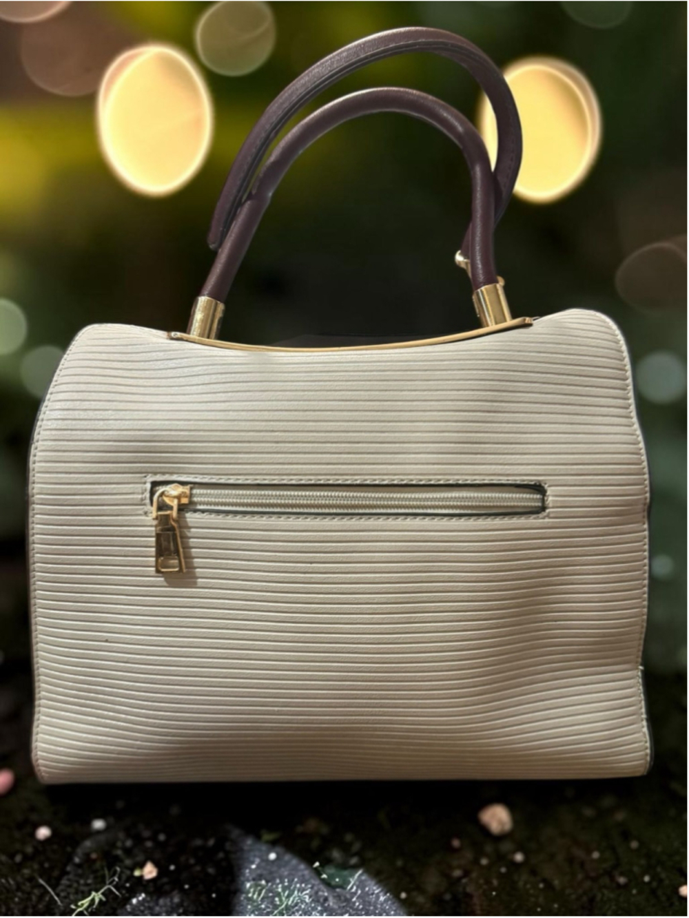 Galian New York Cream Ribbed Top Handle Satchel | Gold Hardware | Faux Leather H